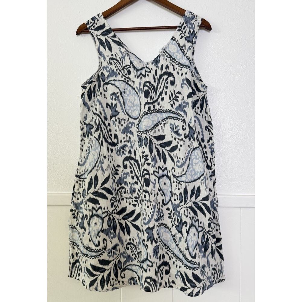 Lucky Brand 100% Linen Paisley Shift Dress S Boho Sleeveless Blue White